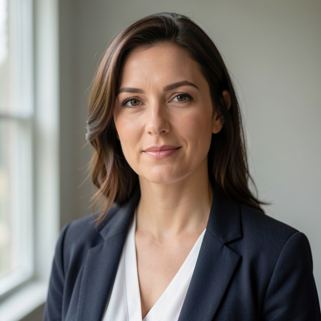 Editorial portrait of a nutrition writer, soft natural window light, neutral background, composed and thoughtful
